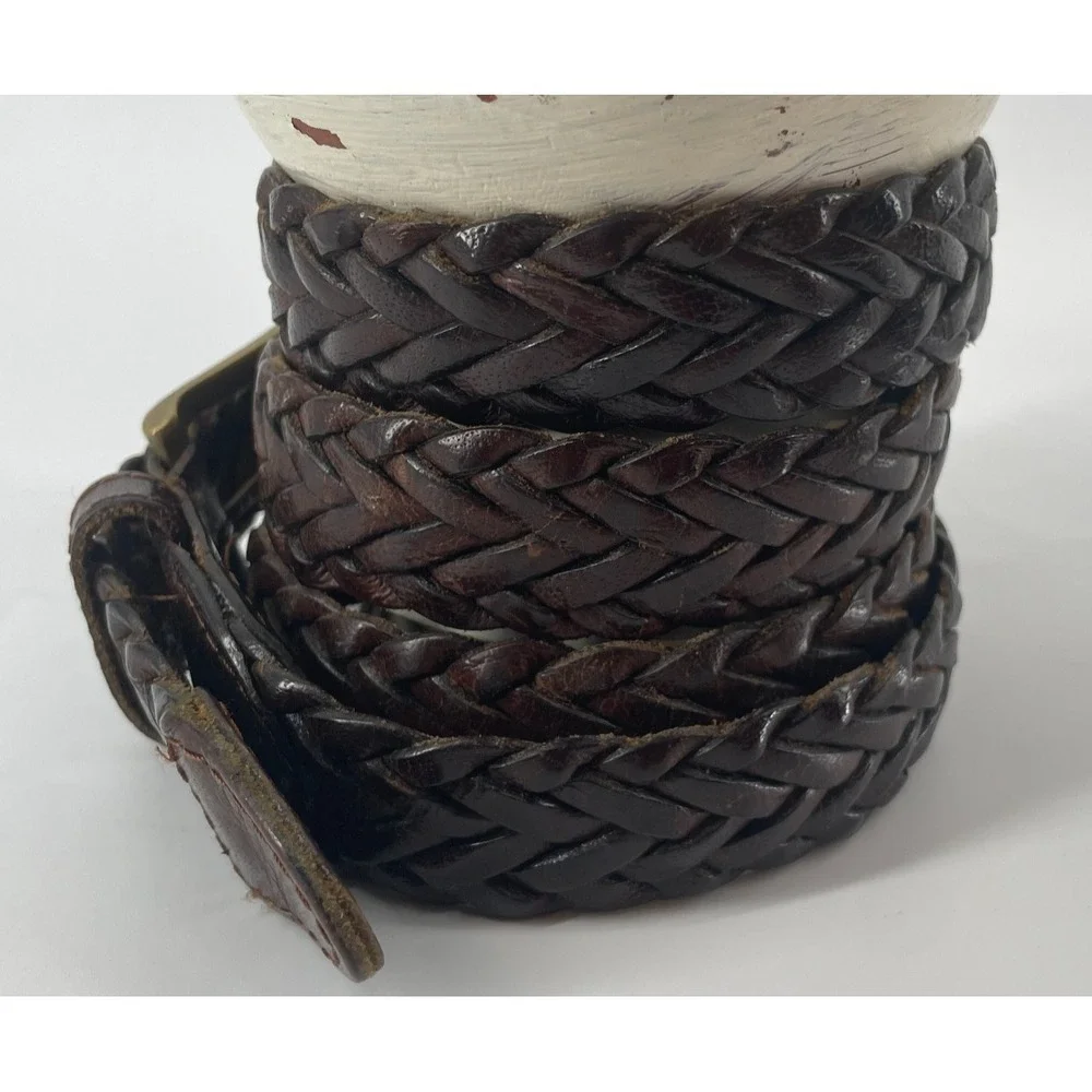 Vtg Braided Genuine Leather Belt XL 42-44 Brown Woven Brass Buckle‎ Boho Skinny